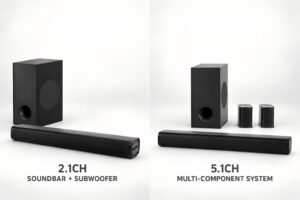 A 2.1CH soundbar with subwoofer and a 5.1CH multi-component soundbar system shown side by side